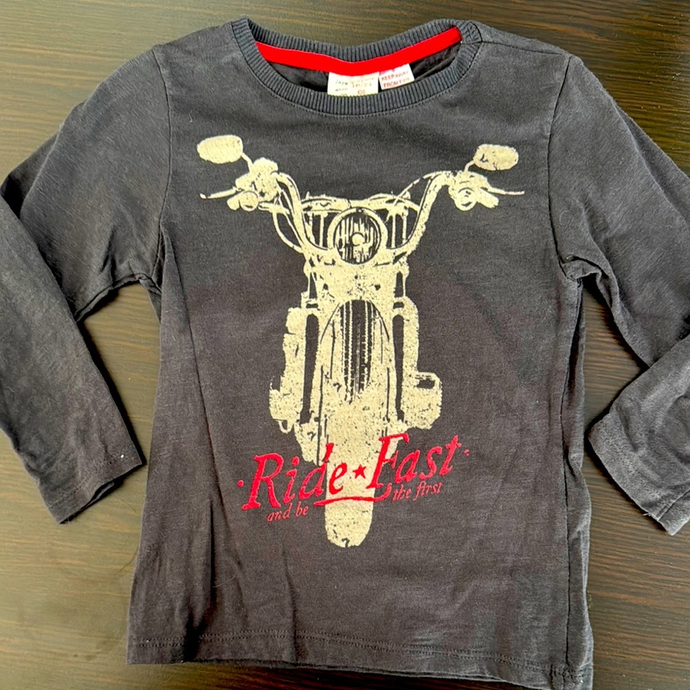 Zara Black and Red Long Sleeve Tee with Motorcycle Design